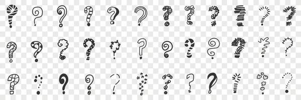 Question marks in row doodle set. Collection of hand drawn various shapes and forms of question marks drawn in different styles isolated on transparent background vector