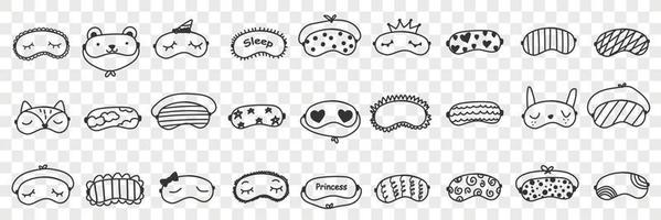 Masks for sleeping doodle set. Collection of hand drawn elegant masks on eyes for comfortable sleeping personal accessories isolated on transparent background vector