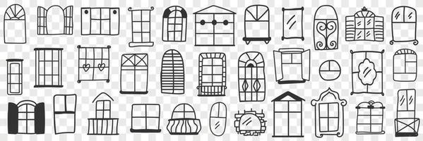 Windows and frames doodle set. Collection of hand drawn various shapes and forms of windows for buildings with closed or open shutters isolated on transparent background vector