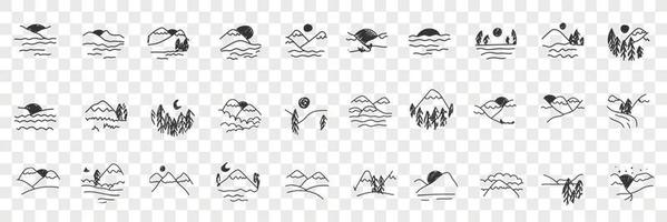 Natural landscapes views doodle set. Collection of hand drawn sceneries of mountains sunrise sunset natural landscapes drawn in minimal manner isolated on transparent background vector