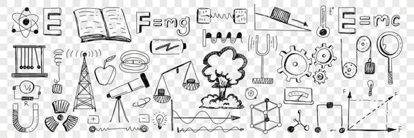 Science equipment and attributes doodle set. Collection of hand drawn formulas telescope scales architecture blueprints molecules gears equipment for laboratory and scientific research vector