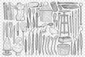 Tools for sculpture doodle set. Collection of hand drawn equipment stone scapula stools and hammers for making handmade sculpture isolated on transparent background vector