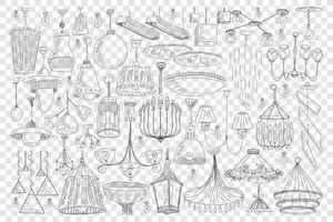 Chandeliers for home decoration doodle set. Collection of hand drawn elegant chandeliers light equipment for decorating home of various sizes and shapes isolated on transparent background vector