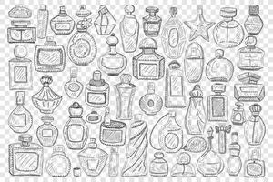 Bottles with perfume doodle set. Collection of hand drawn elegant glass jars and bottles with perfume or cosmetics for beauty of various shapes and sizes isolated on transparent background vector