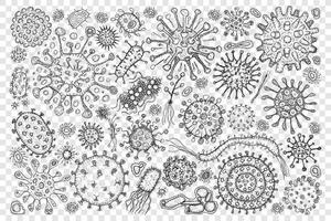 Bacteria virus molecule doodle set. Collection of hand drawn various microbe bacteria molecules of different shapes and sizes in microbiology isolated on transparent background vector