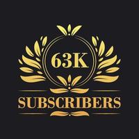 63K Subscribers celebration design. Luxurious 63K Subscribers logo for social media subscribers vector