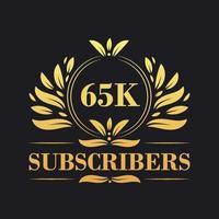 65K Subscribers celebration design. Luxurious 65K Subscribers logo for social media subscribers vector