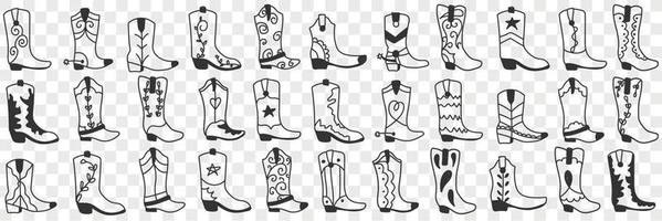 Various cowboy boots doodle set. Collection of hand drawn various high boots in cowboy style for wearing in rows isolated on transparent background vector