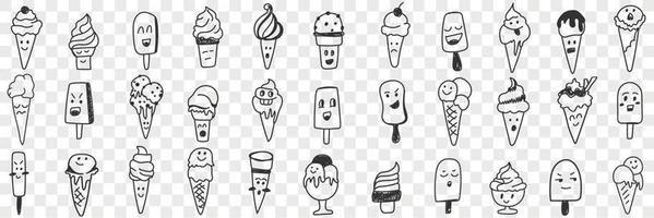 Sweet ice cream shapes doodle set. Collection of hand drawn various ice cream emoticon facial expressions in rows isolated on transparent background vector