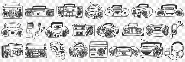 Old tape recorder doodle set. Collection of hand drawn various retro styled tape recorder for listening to music in rows isolated on transparent background vector