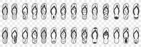 Slippers personal footwear doodle set. Collection of hand drawn various slippers footwear accessories for beach or home in rows isolated on transparent background vector