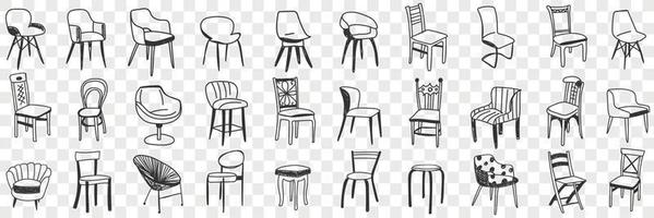 Chairs and armchairs doodle set. Collection of hand drawn various chairs of different designs for rooms flats offices interiors isolated on transparent background vector