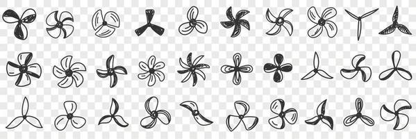 Different blowing fans propellers doodle set. Collection of hand drawn various fan propellers for blowing air and air conditioning in rows isolated on transparent background vector