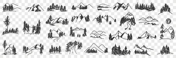 Mountains valley landscapes doodle set. Collection of hand drawn various sceneries and views of natural forest and mountains landscapes in rows isolated on transparent background vector