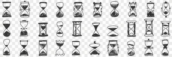 Hourglasses in rows doodle set. Collection of hand drawn various hourglasses with sand symbol of time isolated on transparent background vector