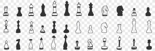 Chessmen on board doodle set. Collection of hand drawn various chessmen for playing game white and black on board for chess isolated on transparent background vector