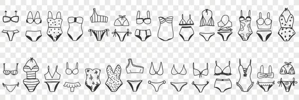 Female bikini swimwear doodle set. Collection of hand drawn elegant casual beachwear bikini swimsuits for wearing on beach for women fashion isolated on transparent background vector