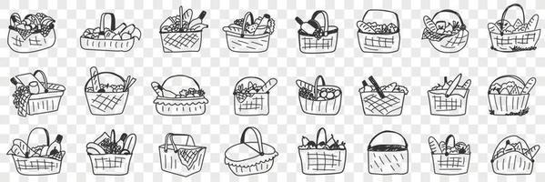 Basket with food doodle set. Collection of hand drawn various baskets with ingredients food drinks for picnics outdoors isolated on transparent background vector