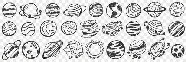 Planets in universe doodle set. Collection of hand drawn various planets in galaxy stars universe cosmos objects with patterns and landscapes isolated on transparent background vector