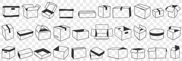 Open and closed boxes doodle set. Collection of hand drawn various shapes of open and closed parcel boxes for delivery and transporting orders isolated on transparent background vector