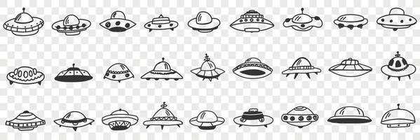 UFO and flying plates in cosmos doodle set. Collection of hand drawn various shapes and forms of UFO flying in outer space isolated on transparent background vector