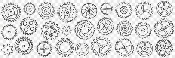 Circle gears with patterns doodle set. Collection of hand drawn various gears mechanisms with patterns and different filling industrial engineering wheels isolated on transparent background vector