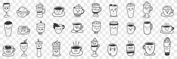 Cups and mugs for hot drinks doodle set. Collection of hand drawn various shapes and forms of cups with coffee cocktails tea and other drinks isolated on transparent background vector