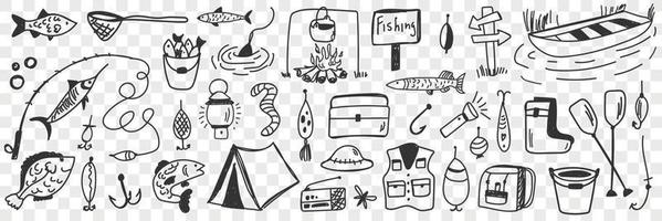 Fishing tools and accessories doodle set. Collection of hand drawn hooks camping worm clothing bucket fishes bonfire lamp for fishing on nature hobby leisure active rest on transparent background vector