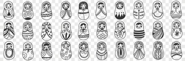 Russian doll matryoshka doodle set. Collection of hand drawn various Russian traditional national doll matryoshka decorated with patterns isolated on transparent background vector