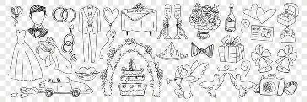 Wedding marriage accessories doodle set. Collection of hand drawn rings costumes angels cake wedding car champagne and festive attributes for celebrating wedding isolated on transparent background vector