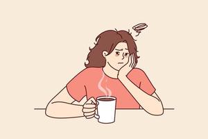 Tired woman with sad face drinks hot coffee and does not want to go to work due to lack of sleep. Upset girl is sitting at table with mug of coffee on Monday morning and is sad because weekend is over vector