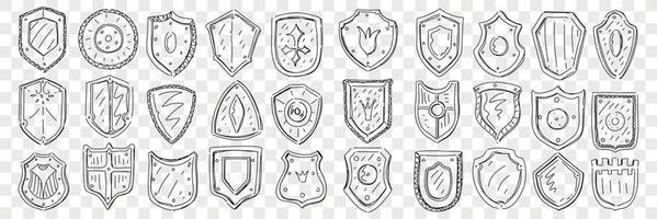 Coat of arms and symbols doodle set. Collection of hand drawn heraldic symbols on coat of arms of different shapes with patterns and family flowers on shields isolated on transparent background vector