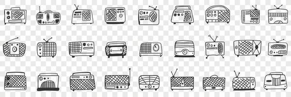 Vintage retro Radio tape recorder doodle set. Collection of hand drawn retro styled radio and tape recorders with antennas for listening to music isolated on transparent background vector