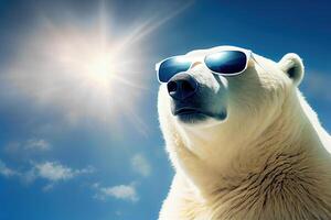 Polar bear or ice bear portrait wearing sunglasses. Global warming and climate change concept.. . photo