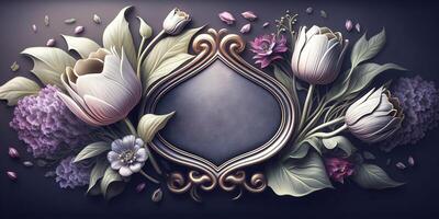 Dark purple flower background banner with ornate frame with copy space at center. . photo