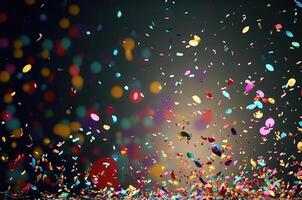 Confetti on dark bokeh background. . photo