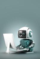 Cute robot as AI chatbot using computer pc. Vertical background with copy space. . photo