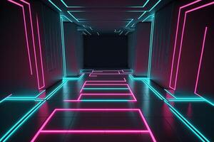 empty futuristic room illuminated by neon tube light - photo
