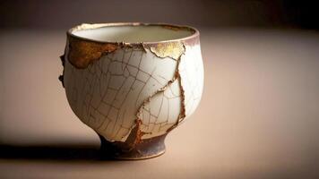 Wabi sabi cup repaired using japanese Kintsugi technique emphasizing the cracks with golden joinery. . photo