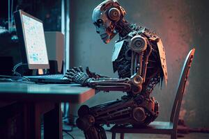 AI chatbot robot sitting at desk typing on computer keybord - photo