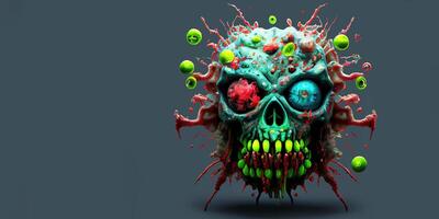 Scary zombie virus mutation or superbug with skull face. . photo