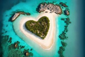 Tropical heart shape desert island with white sand beach and turquoise water. . photo