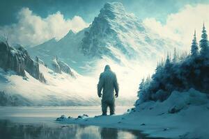 Yeti or Abominable Snowman in snow covered mountain landscape. . photo