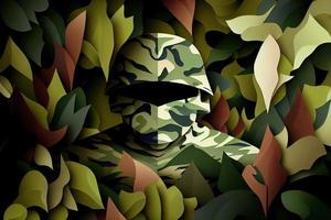 invisible soldier in camouflage uniform disguise hidden in camo color background pattern photo