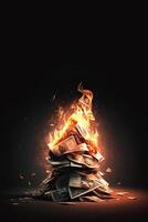 Inflation or burning money concept with pile of dollar bills on fire. Vertical format with copy space. . photo