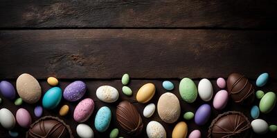 Easter eggs and chocolate sweets on dark wood background banner or header with copy space. . photo