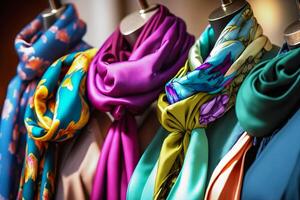 de moda seda bufandas con floral modelo en monitor tonto en tienda o almacenar. generativo ai. foto