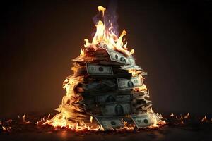 Inflation or burning money concept with pile of dollar bills on fire. . photo