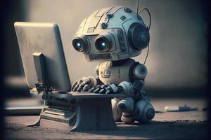 linda retro robot como ai chatbot mecanografía en computadora - generativo ai foto