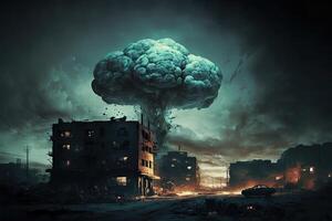 Mushroom cloud after atomic bomb explosion in city. . photo